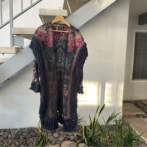 Johnny Was Bohemian Embroidered Floral Hooded Fringe Cardigan Duster Size M